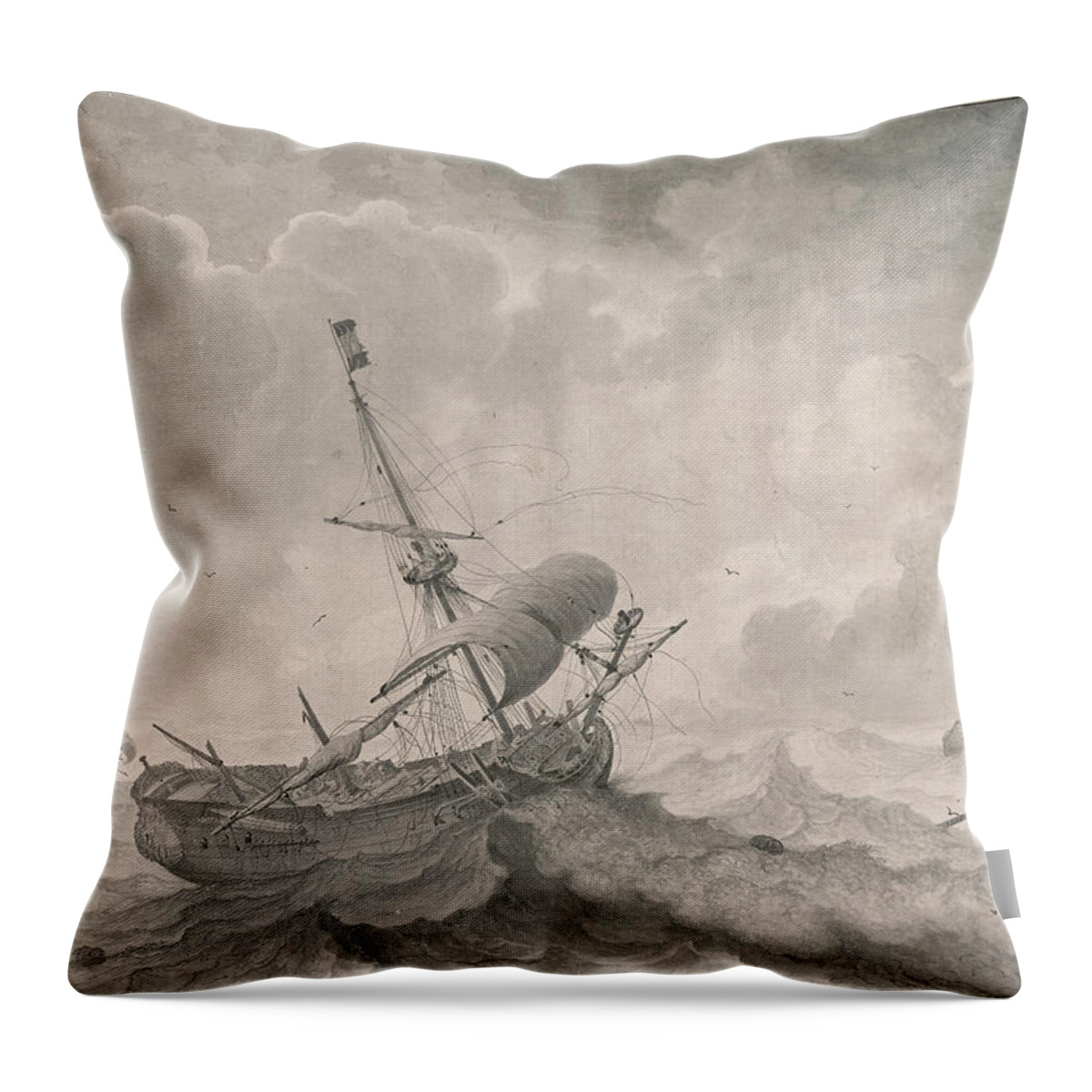 Ludolf Bakhuizen Throw Pillow featuring the drawing Ships on a Stormy Sea by Ludolf Bakhuizen