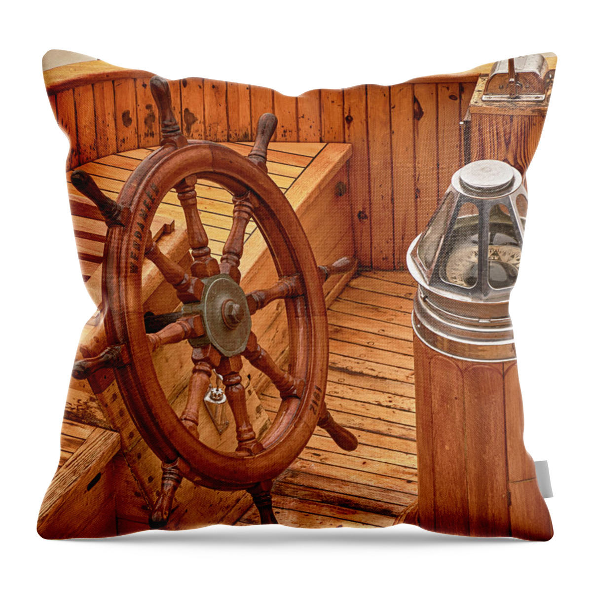 Ship's Wheel; Compass; Ship; Boat; Wheel; New England; Portland; Maine Throw Pillow featuring the photograph Wheel and Compass by Mick Burkey