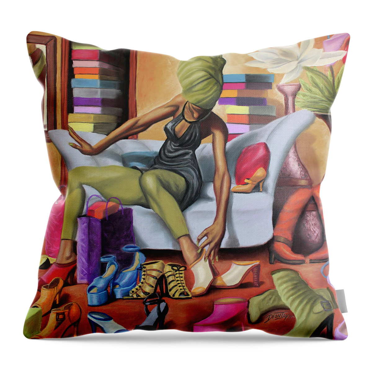 Black Throw Pillow featuring the painting Shoe Addict by Dion Pollard