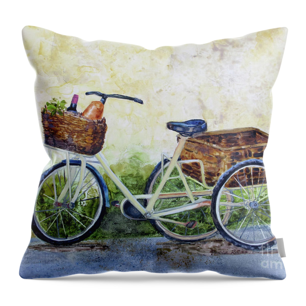 Bicycle Throw Pillow featuring the painting Shopping Day in Lucca Italy by Bonnie Rinier