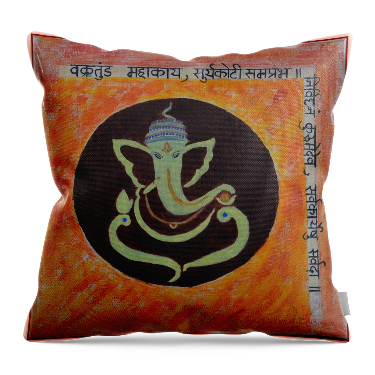 Blessings From Lord Ganesha Throw Pillow featuring the painting Shri Ganeshay Namah by Sonali Gangane