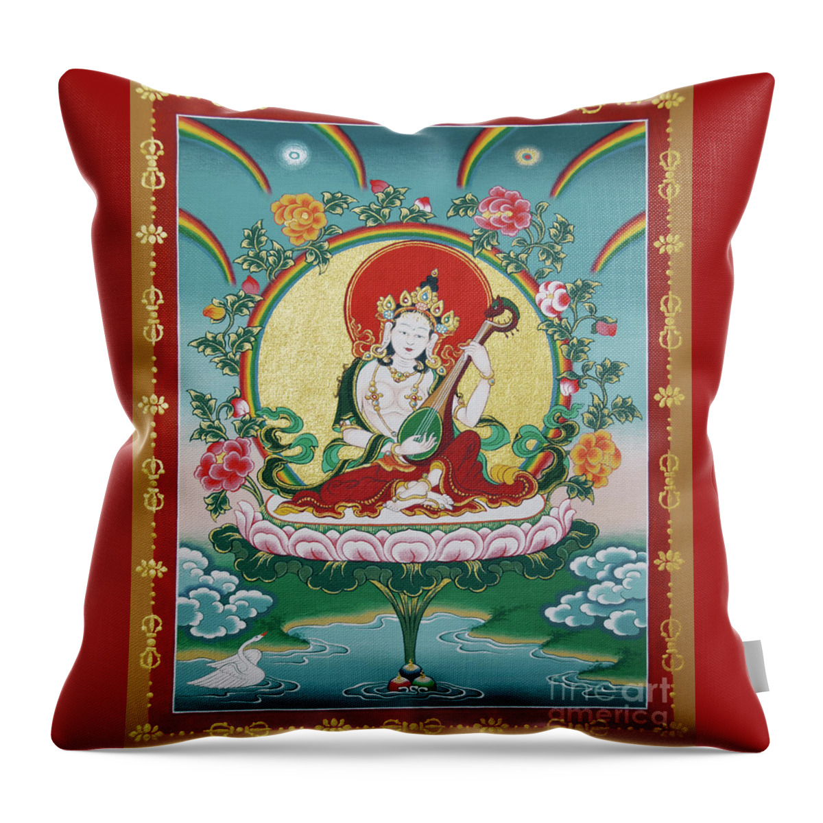 Shri Saraswati Throw Pillow featuring the painting Shri Saraswati - Goddess of Wisdom and Arts by Sergey Noskov