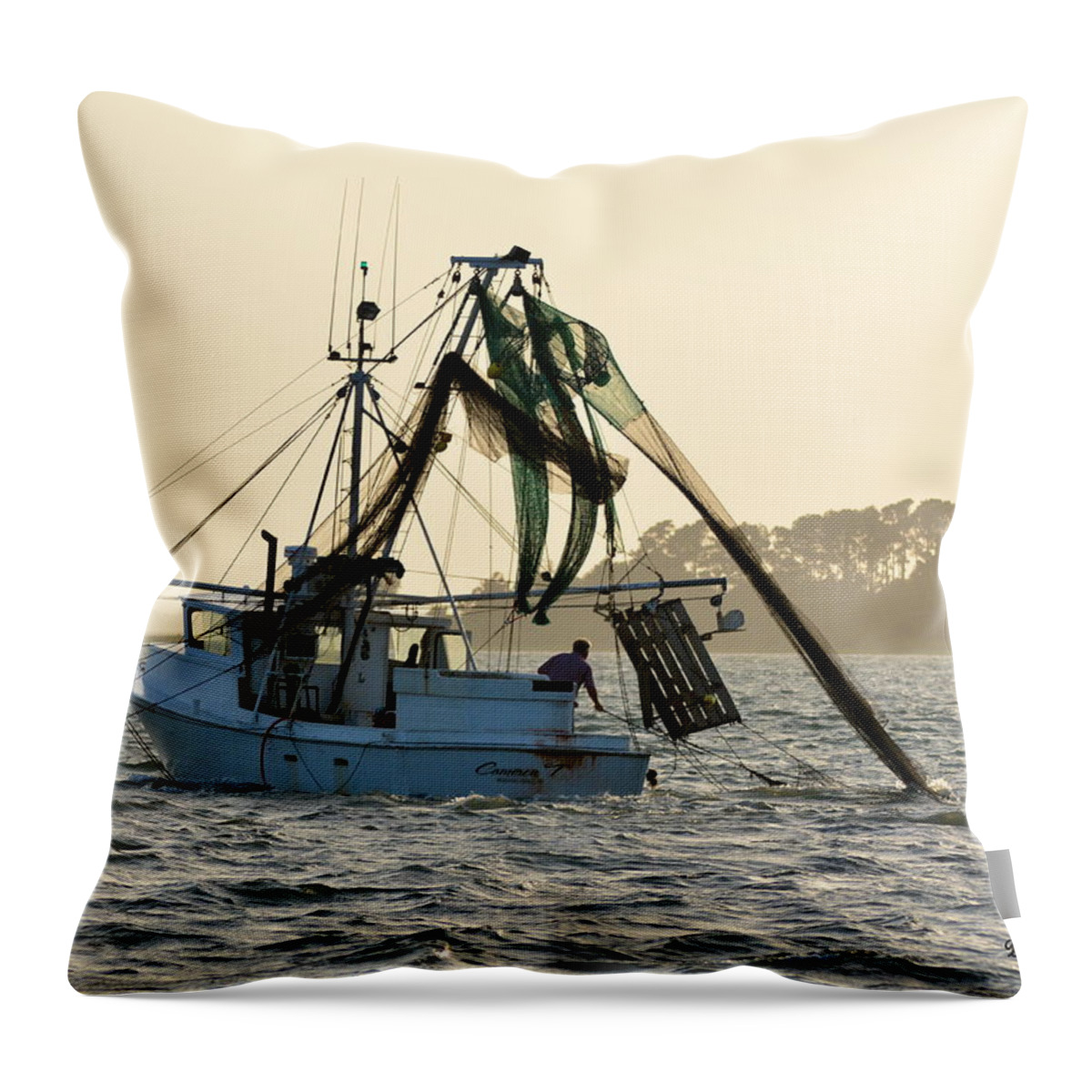Commercial Fishing Throw Pillow featuring the photograph Shrimping at Sunset by Dan Williams