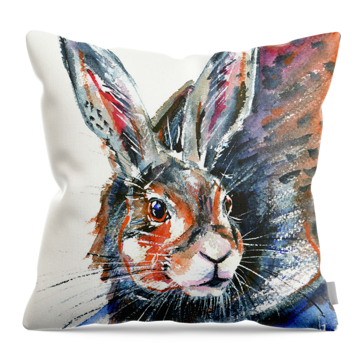 Hare Throw Pillow featuring the painting Shy Hare by Zaira Dzhaubaeva