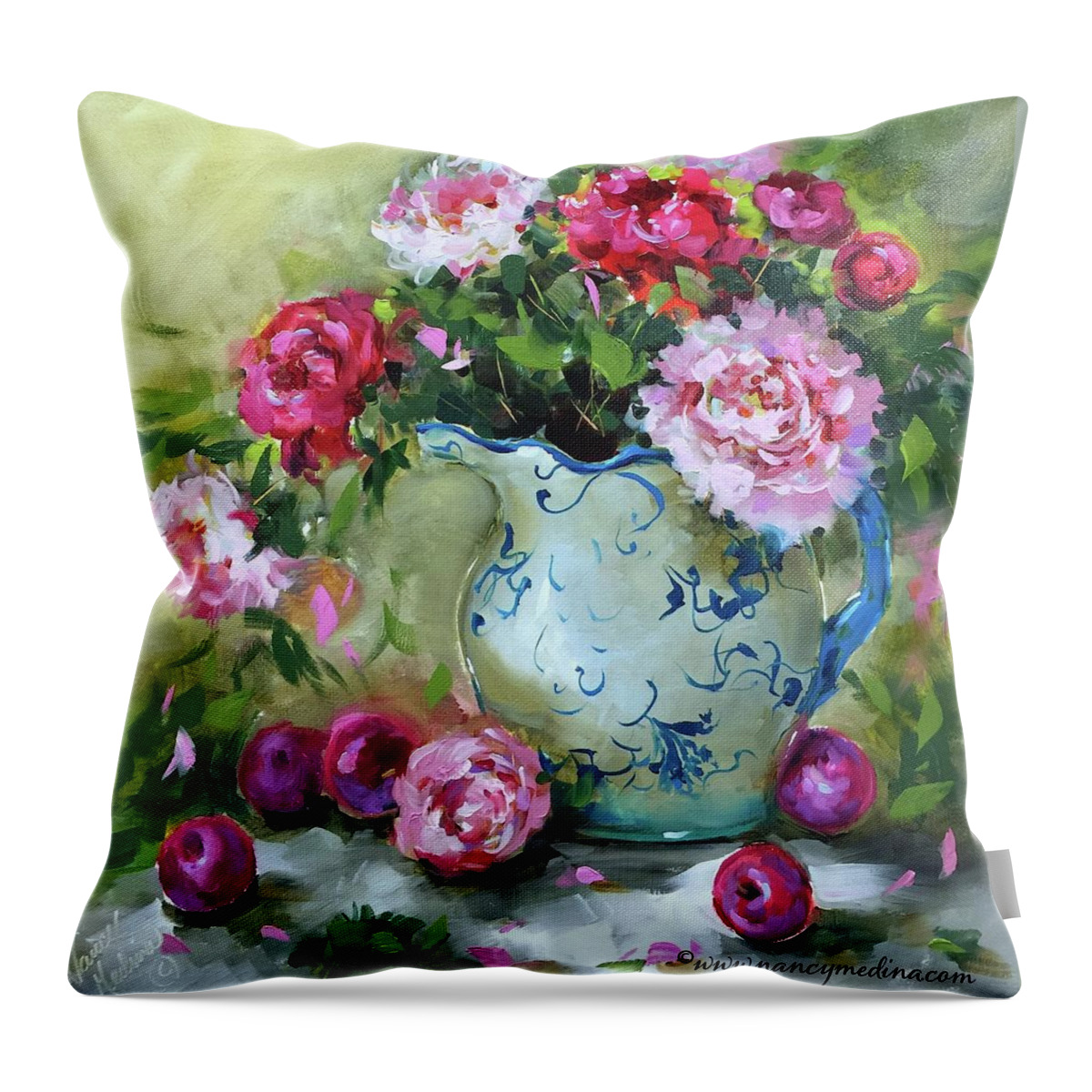 Flowers Throw Pillow featuring the painting Shy Plums and Pink Peonies by Nancy Medina