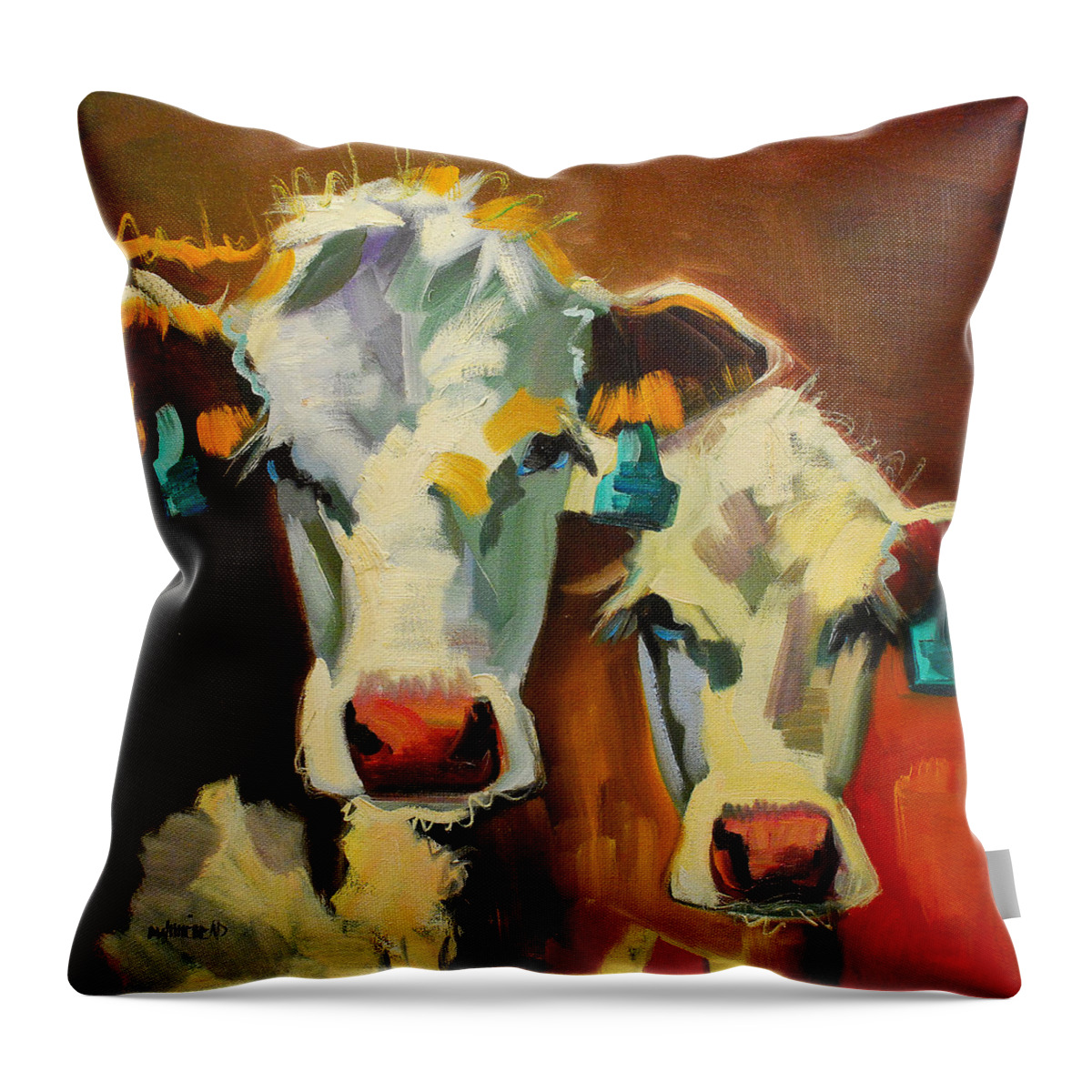 Cow Throw Pillow featuring the painting Sibling Cows by Diane Whitehead