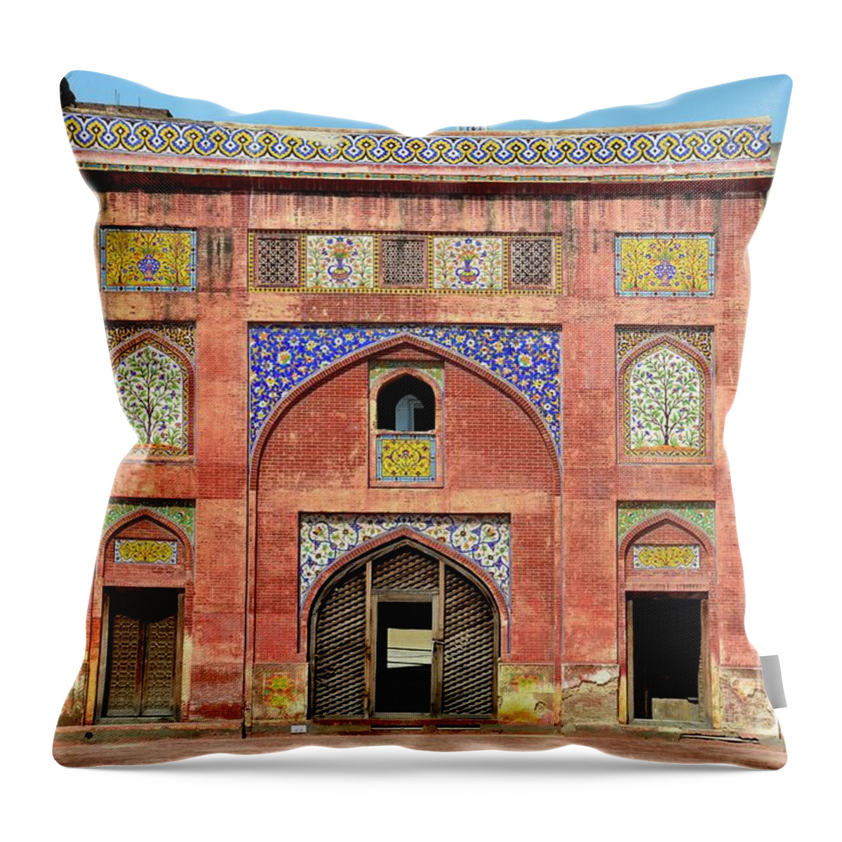 Mosque Throw Pillow featuring the photograph Side arch with kashikari frescoes and tiles Wazir Khan mosque Lahore Pakistan by Imran Ahmed