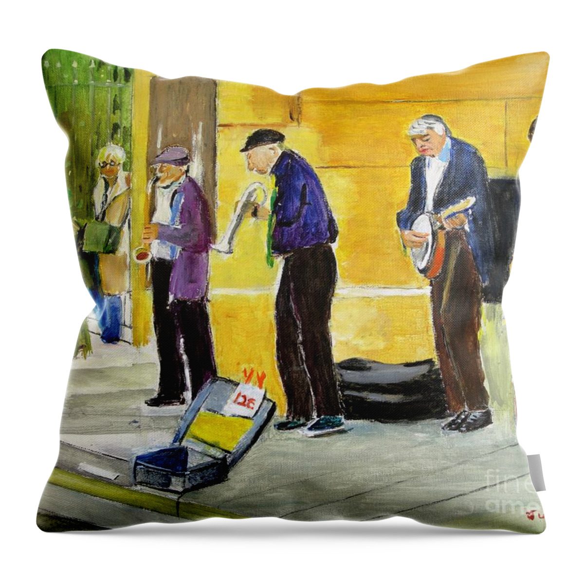 Music Throw Pillow featuring the painting Sidewalk Serenade by Judy Kay