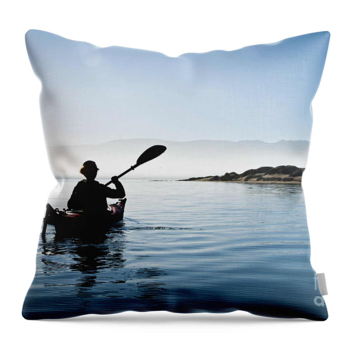 Active Throw Pillow featuring the photograph Silhouetted Morro Bay Kayaker by Bill Brennan - Printscapes