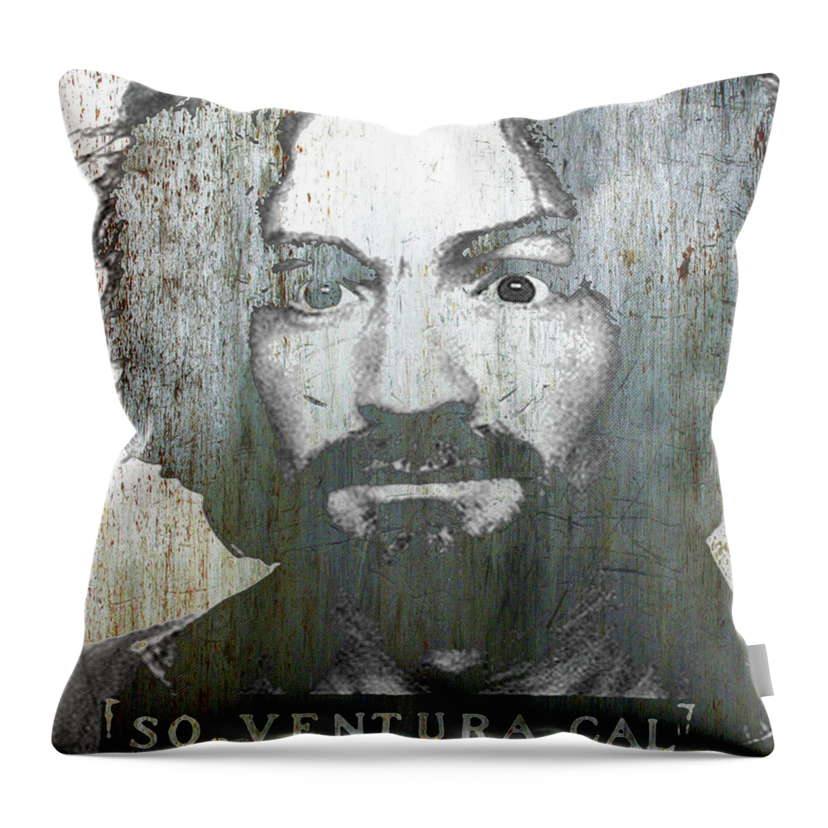 Charles Manson Throw Pillow featuring the mixed media Silver Charles Manson Mug Shot 1969 Vertical by Tony Rubino