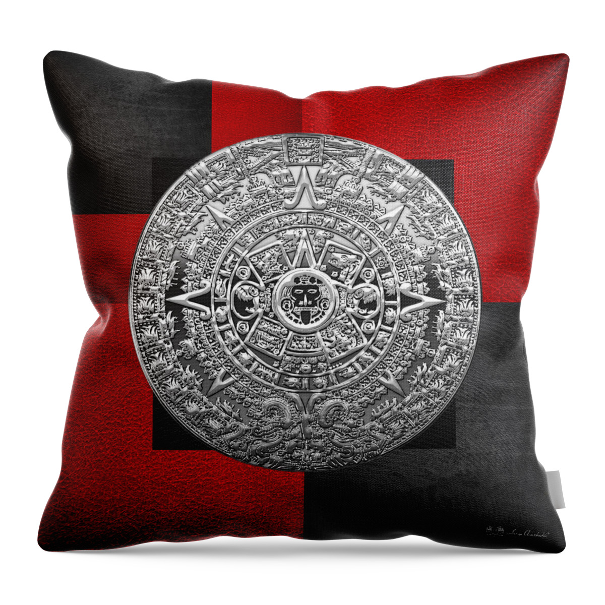 'treasures Of Mesoamerica' Collection By Serge Averbukh Throw Pillow featuring the digital art Silver Mayan-Aztec Calendar on Black and Red Leather by Serge Averbukh