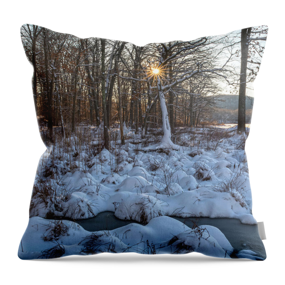 Winter Throw Pillow featuring the photograph Silvermine Lake Sunburst by Angelo Marcialis
