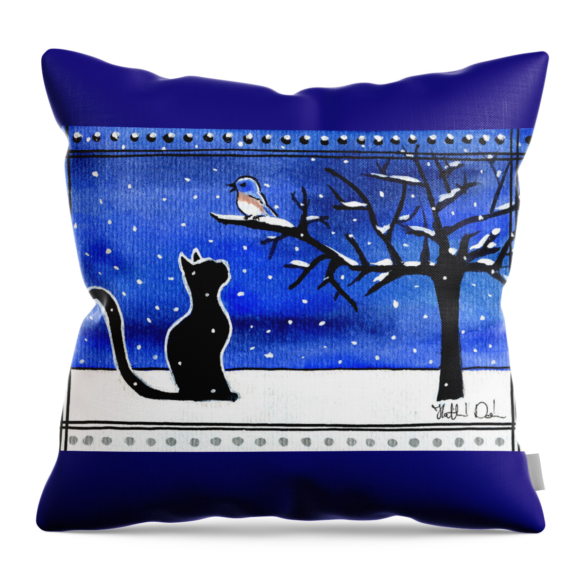 Cat Throw Pillow featuring the painting Sing For Me - Black Cat Card by Dora Hathazi Mendes