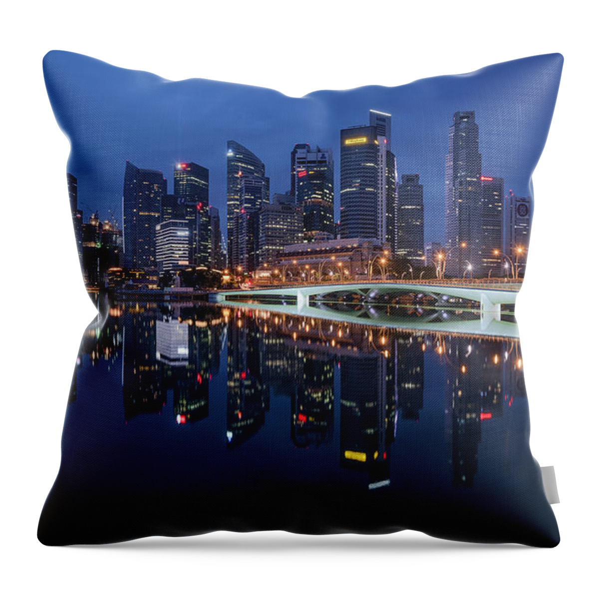 Lights Throw Pillow featuring the photograph Singapore skyline reflection by Pradeep Raja Prints