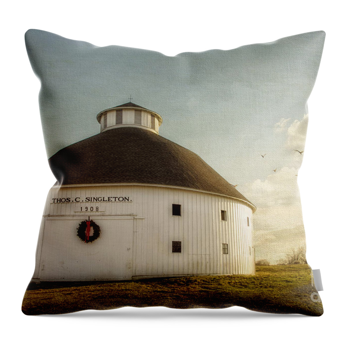 Round Throw Pillow featuring the photograph Singleton Round Barn by Diane Enright