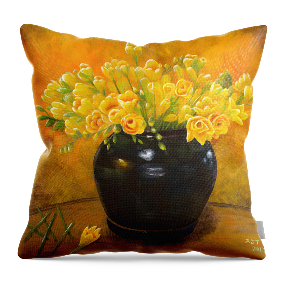 Freesia Throw Pillow featuring the painting A gift from the past by Helian Cornwell