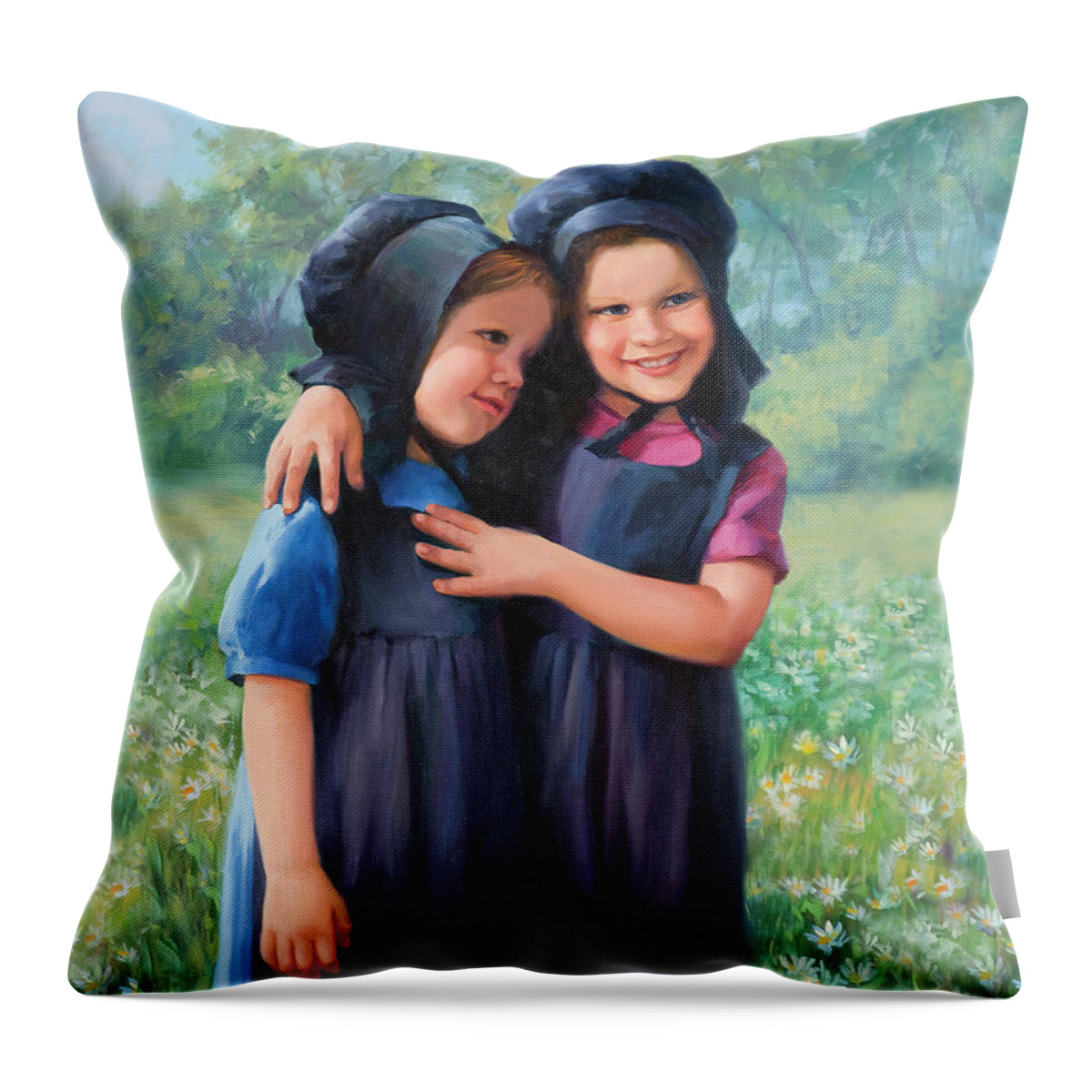 Amish Throw Pillow featuring the painting Sisters by Laurie Snow Hein