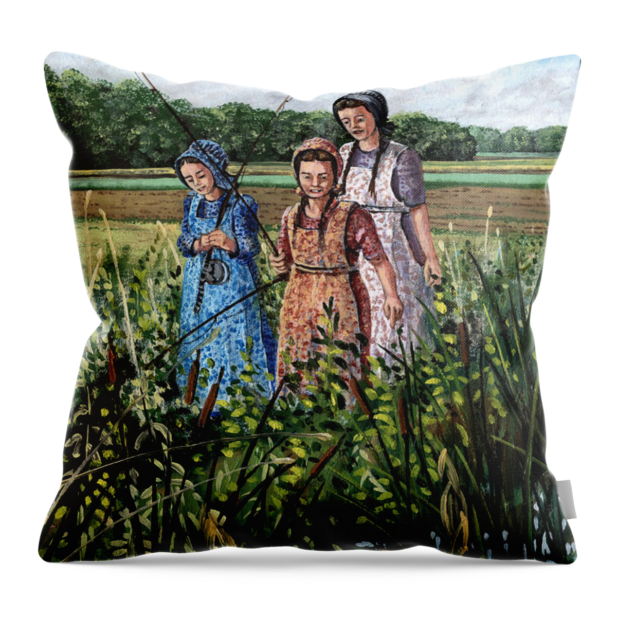 Mennonites Throw Pillow featuring the painting Sisters by Roger Witmer