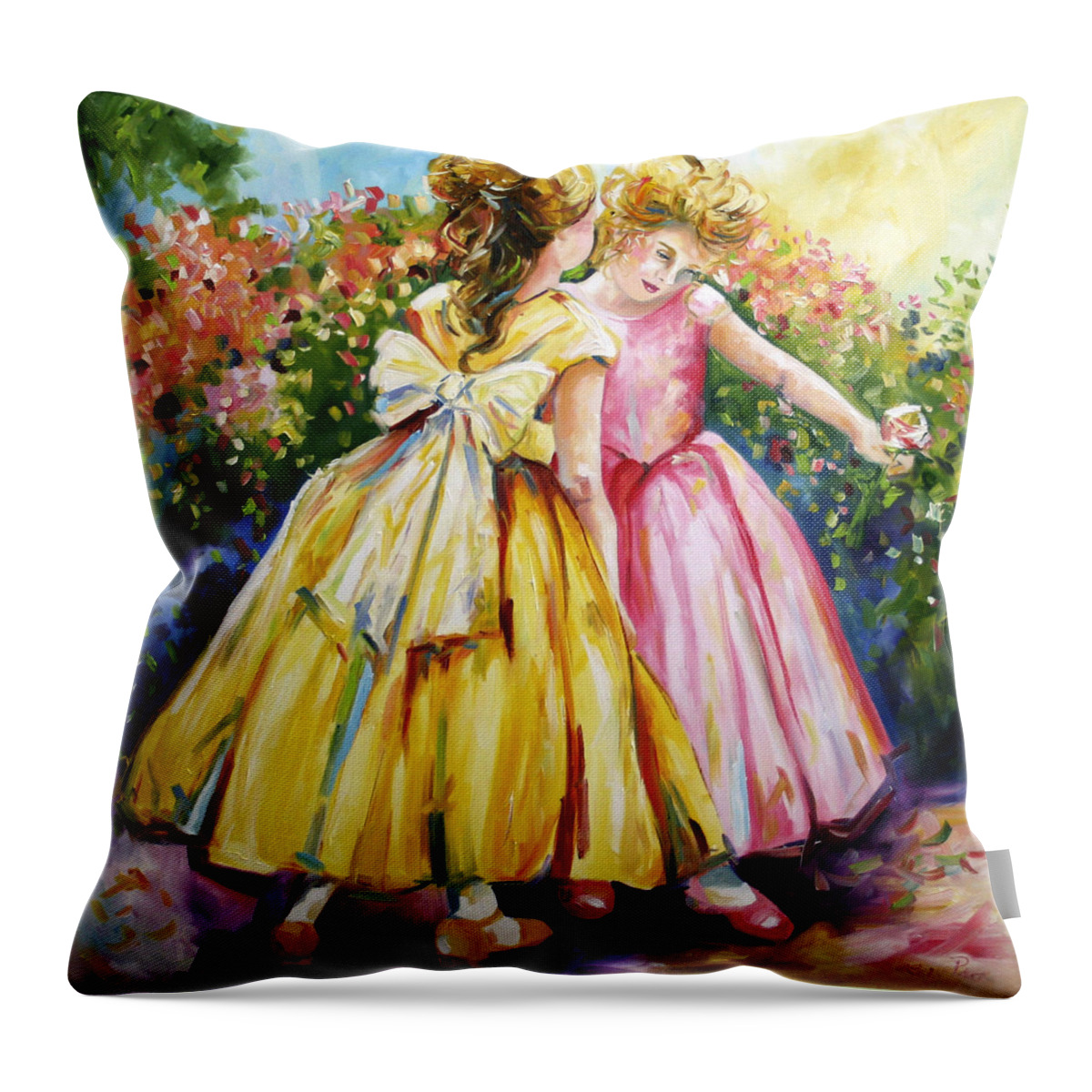 Girls Throw Pillow featuring the painting Sisters Secrets by Laurie Pace