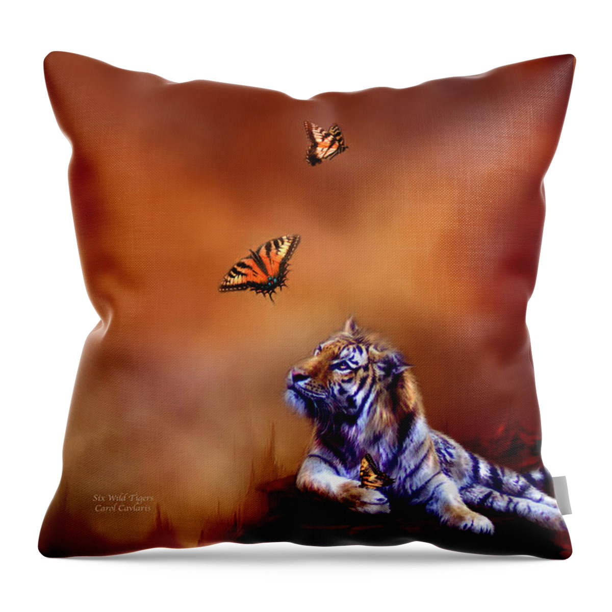 Carol Cavalaris Throw Pillow featuring the mixed media Six Wild Tigers by Carol Cavalaris