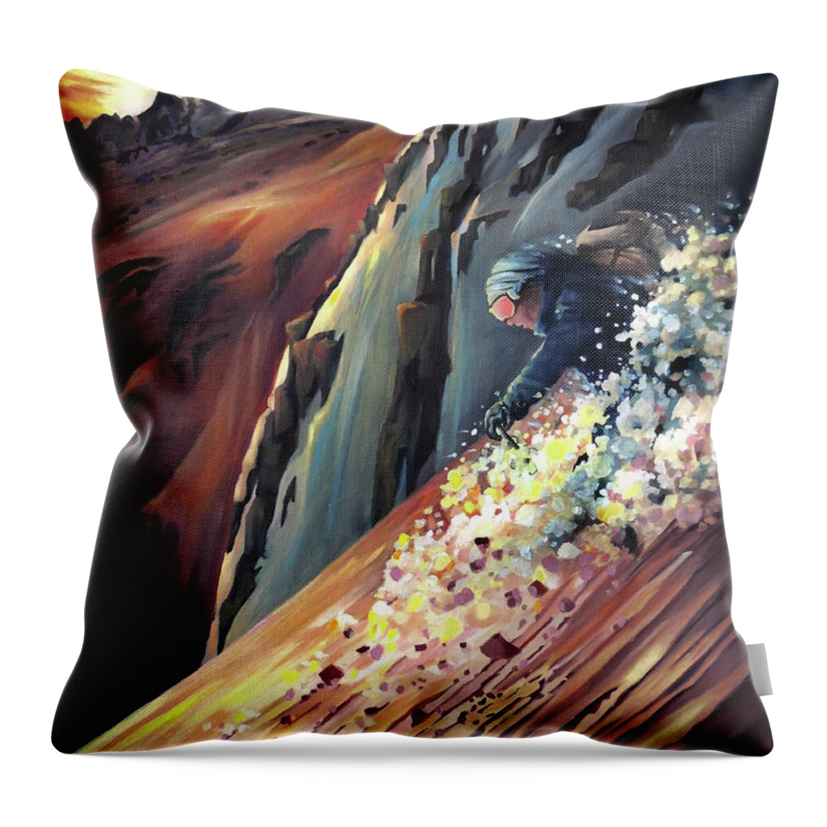 Steeps Throw Pillow featuring the painting Skier On The Steeps by Nancy Griswold
