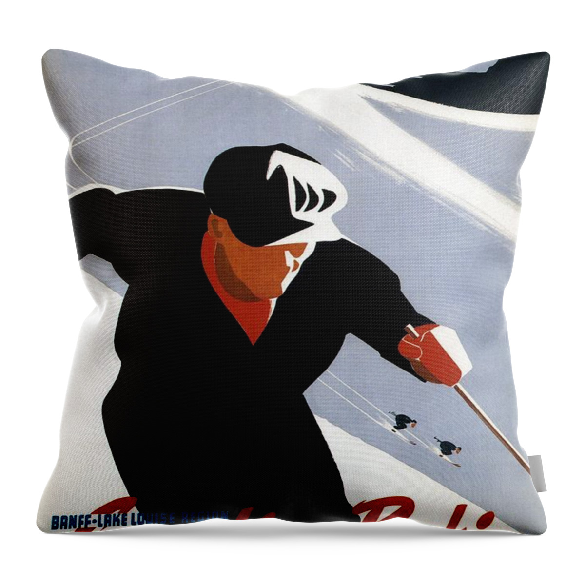 Skiing Throw Pillow featuring the mixed media Skiing in the Canadian Rockies - Canadian Pacific - Retro Travel Poster - Vintage Poster by Studio Grafiikka