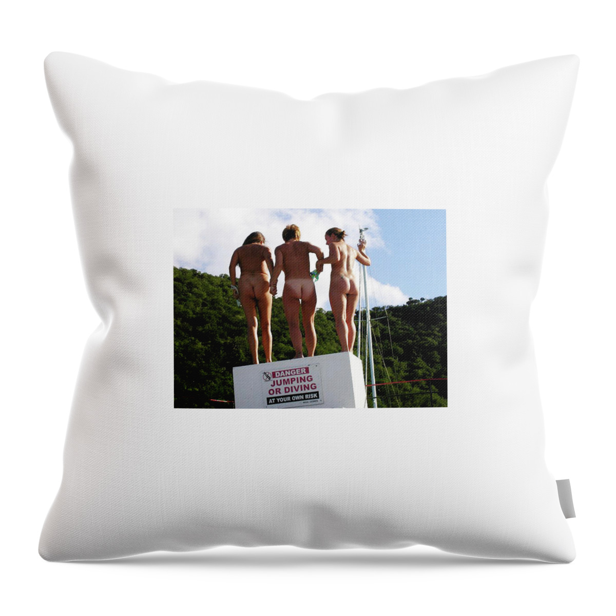 Nude Girls Throw Pillow featuring the digital art Skinny Dipping on the Jolly Roger by Vagabond Folk Art - Virginia Vivier