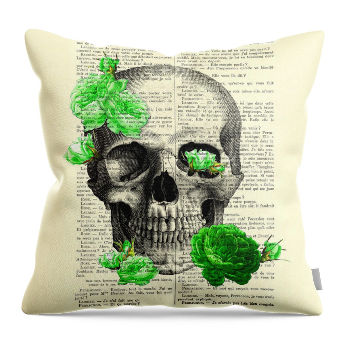 Skull Throw Pillow featuring the digital art Skull and green roses illustration by Madame Memento