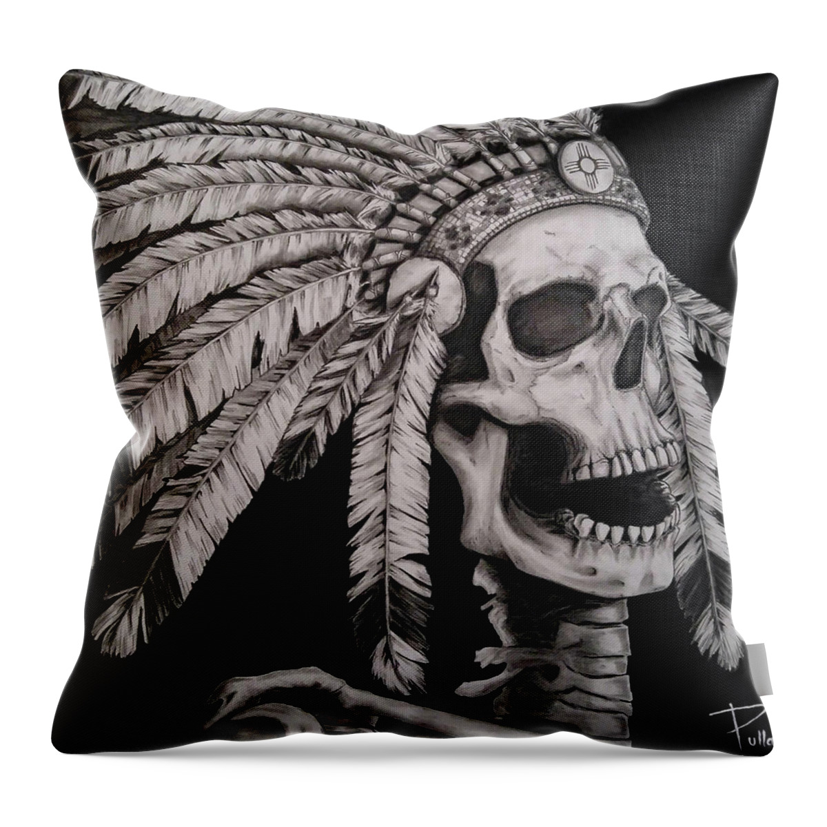 Skull Throw Pillow featuring the drawing Skull chief by William Pullaro Jr