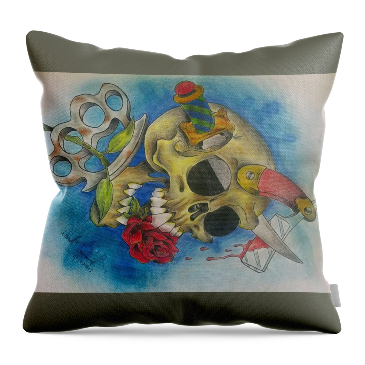 Skull With Rose Throw Pillow featuring the drawing Skull by Darrell Lormand