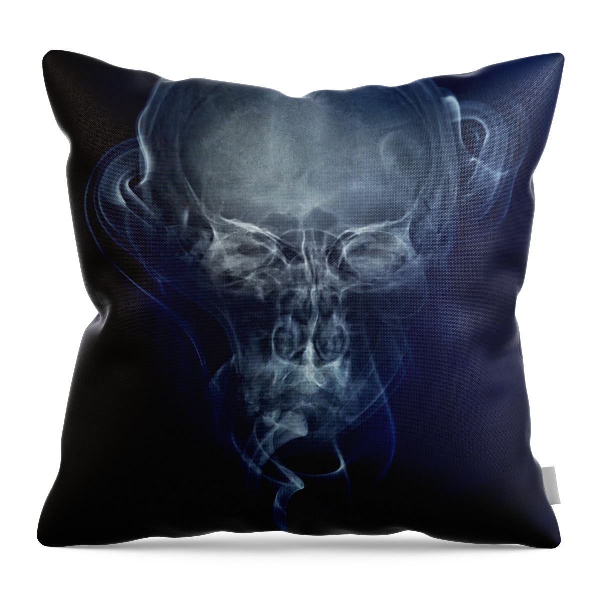 Skull Throw Pillow featuring the photograph Skulls and smokes - blue version by Jaroslaw Blaminsky