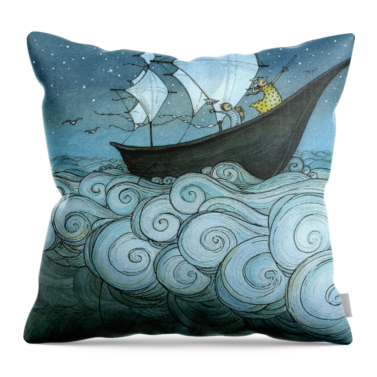 Boat Throw Pillow featuring the drawing Sky Sailing by Eliza Wheeler