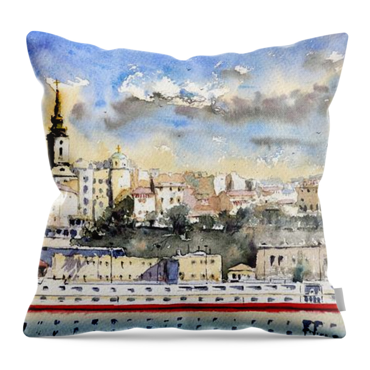 Beograd Throw Pillow featuring the painting Skyline Belgrade by Nenad Kojic Watercolours