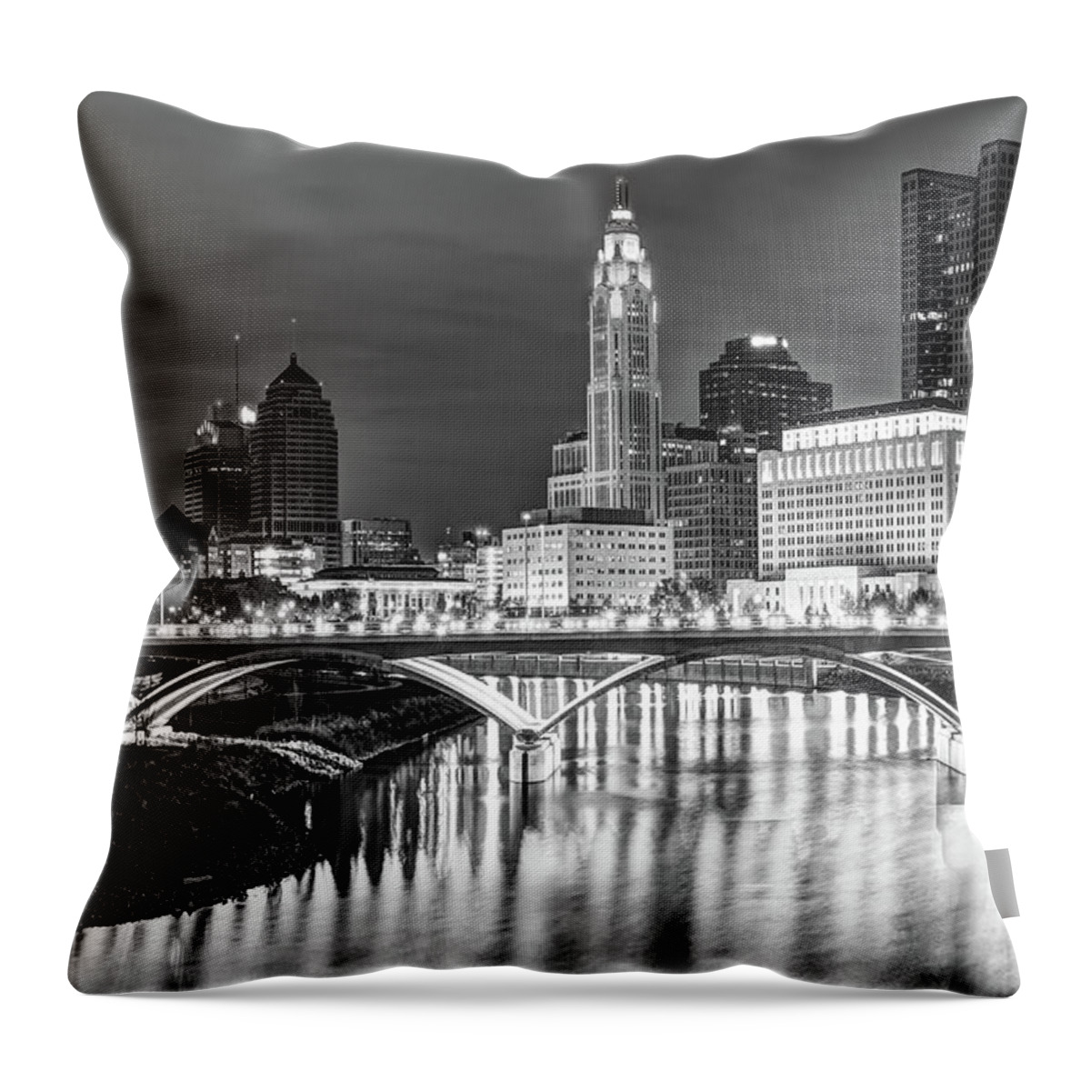 America Throw Pillow featuring the photograph Skyline View of Downtown Columbus Ohio at Dusk - Black and White by Gregory Ballos