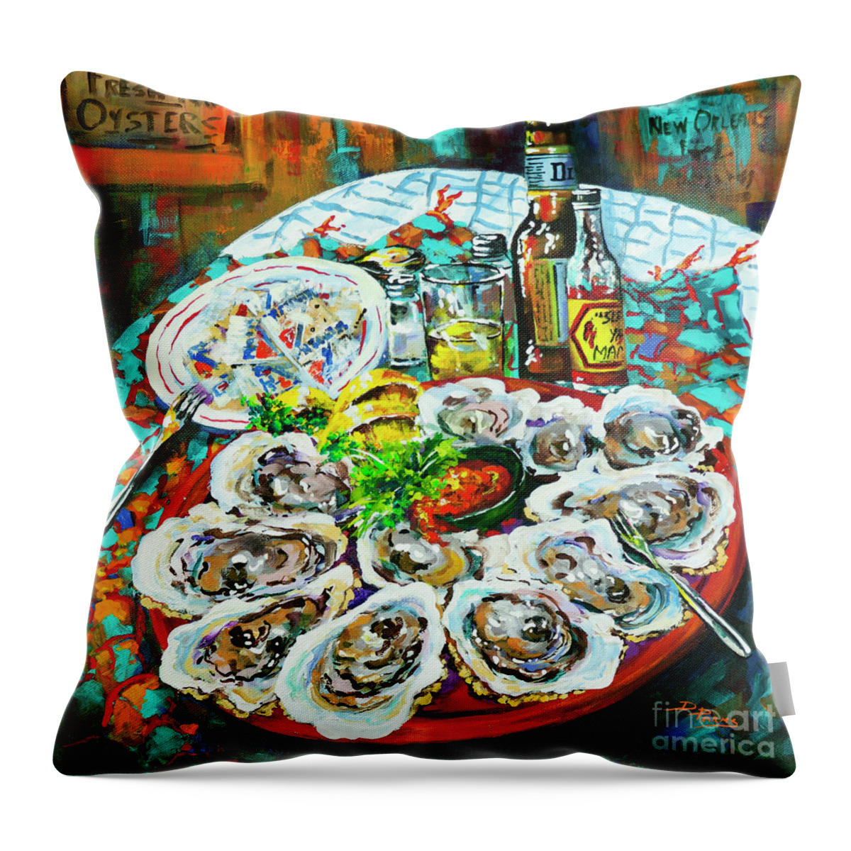New Orleans Art Throw Pillow featuring the painting Slap dem Oysters by Dianne Parks