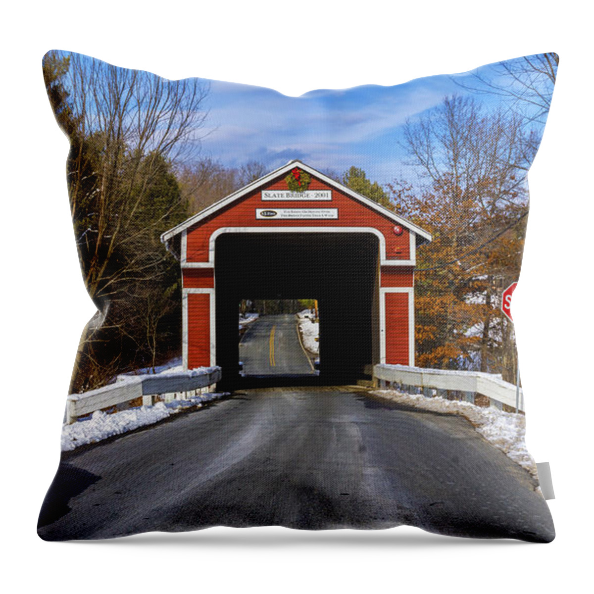 covered Bridge Throw Pillow featuring the photograph Slate Covered Bridge. by New England Photography