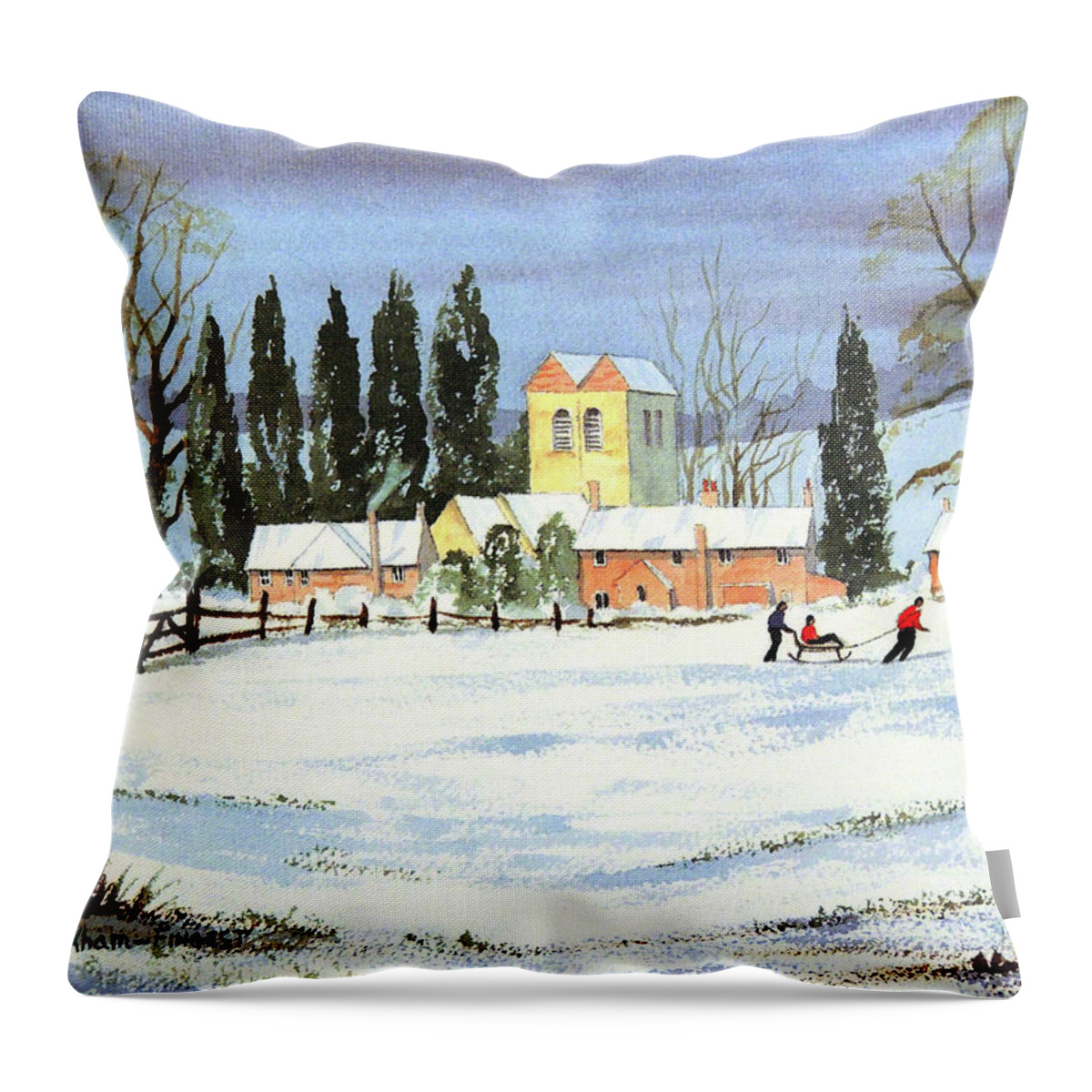 Sledding Throw Pillow featuring the painting Sledding With Dad by Bill Holkham