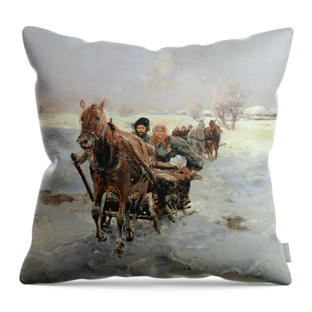 Sleighs Throw Pillow featuring the painting Sleighs in a Winter Landscape by Janina Konarsky
