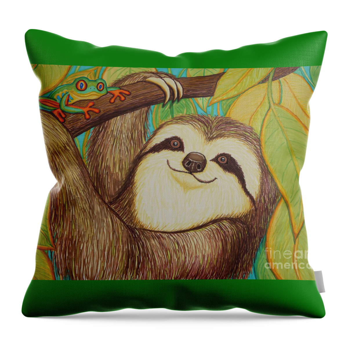 Sloth Throw Pillow featuring the drawing Sloth and Frog by Nick Gustafson