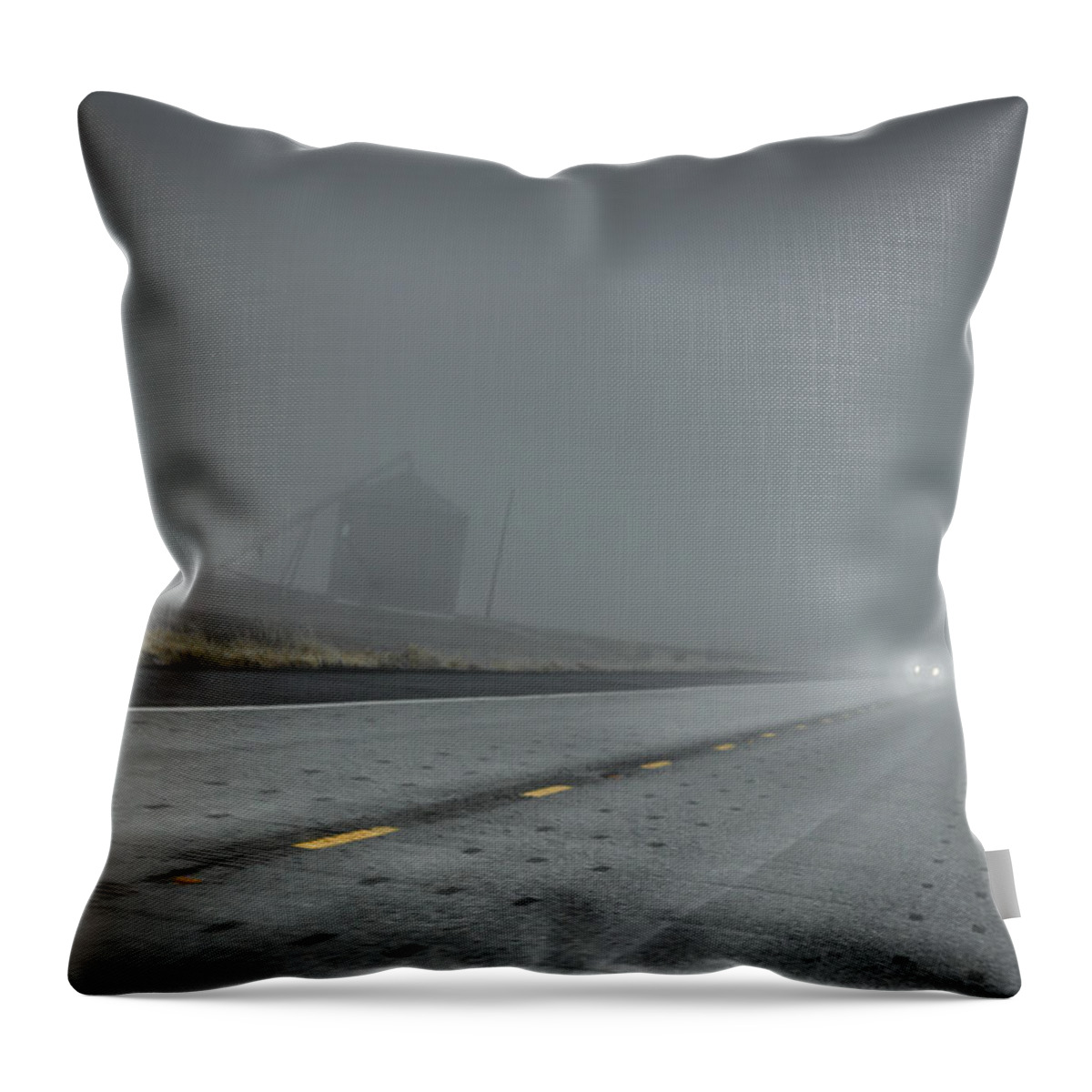 Gray Fog Foggy Highway Road Headlights Car Grain Silo Angle Angled Spokane Wa Washington Lewiston Id Idaho Throw Pillow featuring the photograph Slow Drive Home by Brad Stinson