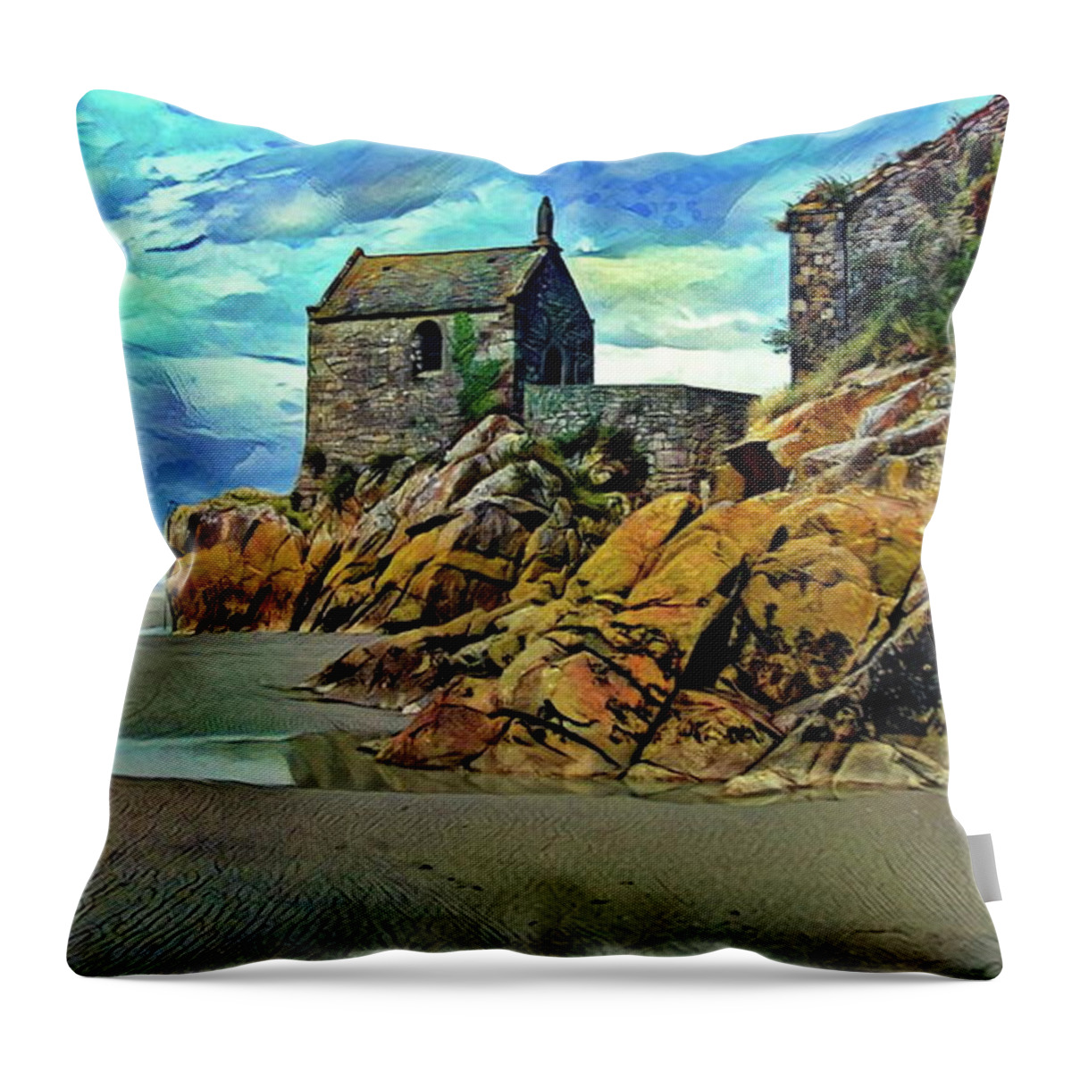 Abbey Throw Pillow featuring the digital art Small Chapel at the Mont Saint Michel Abbey by Russ Harris