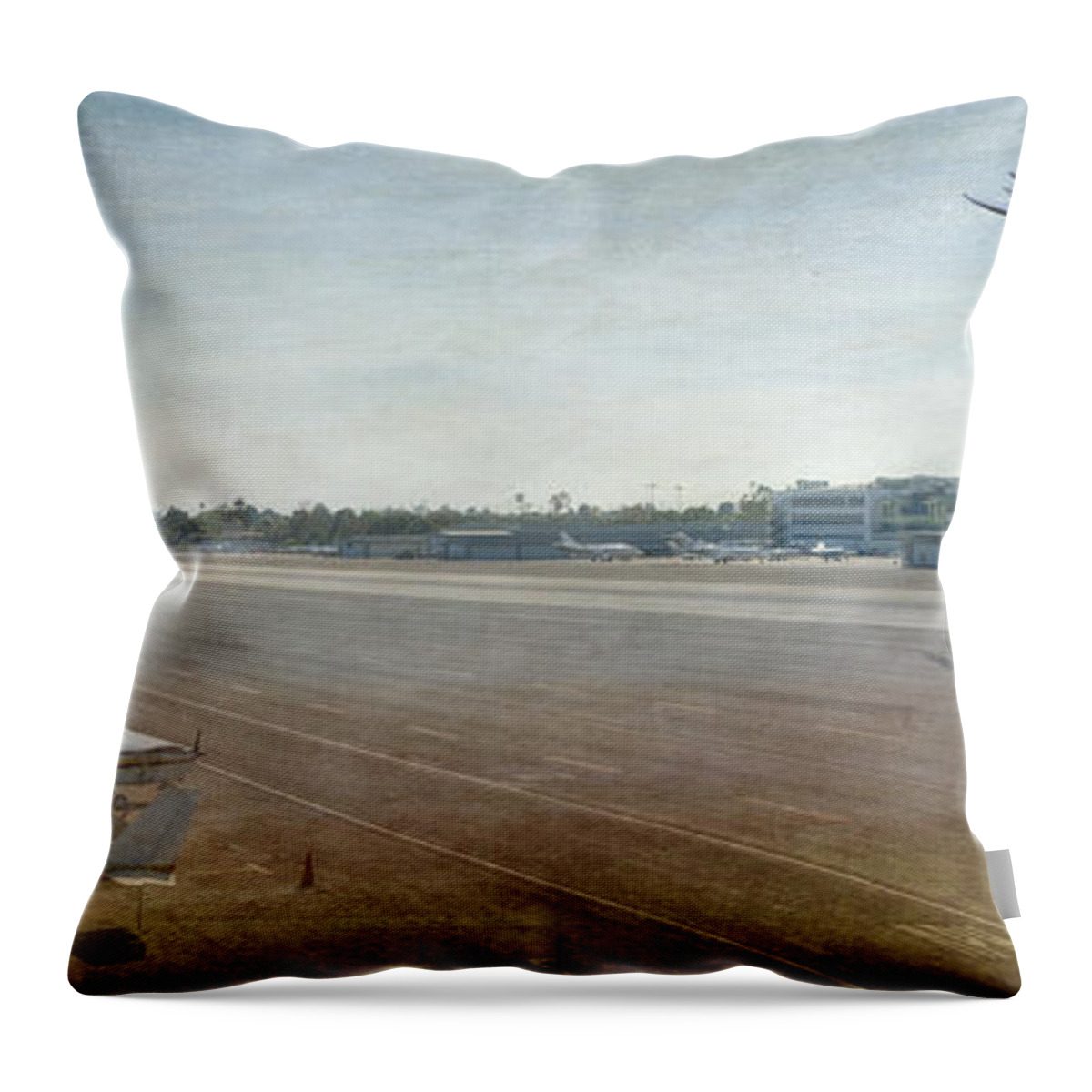 City Airport Throw Pillow featuring the photograph Small City Airport Plane taking off runway by David Zanzinger
