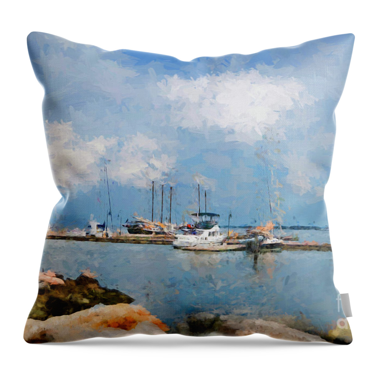 Sea Throw Pillow featuring the digital art Small Dock with Boats by Ed Taylor