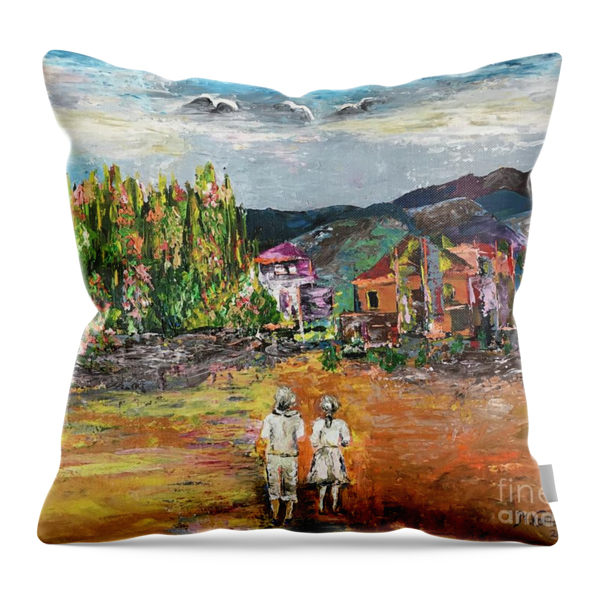 Original Painting Throw Pillow featuring the painting Small town in the mountains by Maria Karlosak