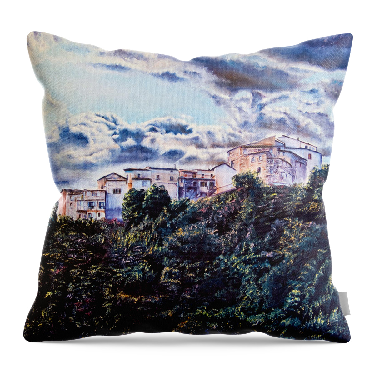 Skies Throw Pillow featuring the painting Small Village by Michelangelo Rossi