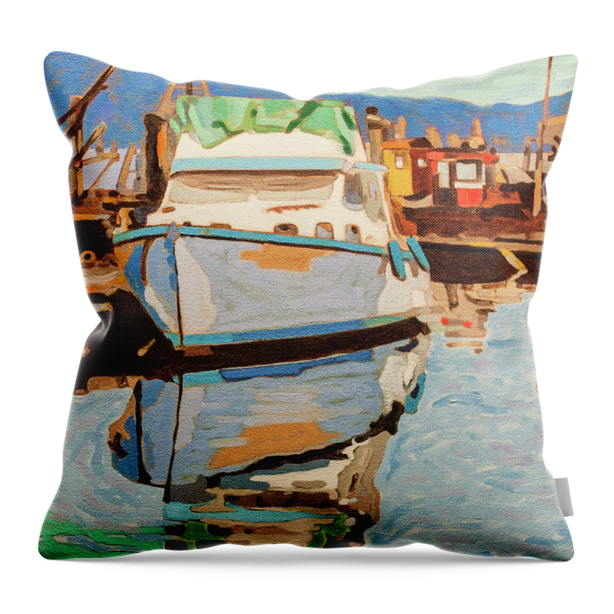 Boats Throw Pillow featuring the painting SMI Reflections by Rob Owen