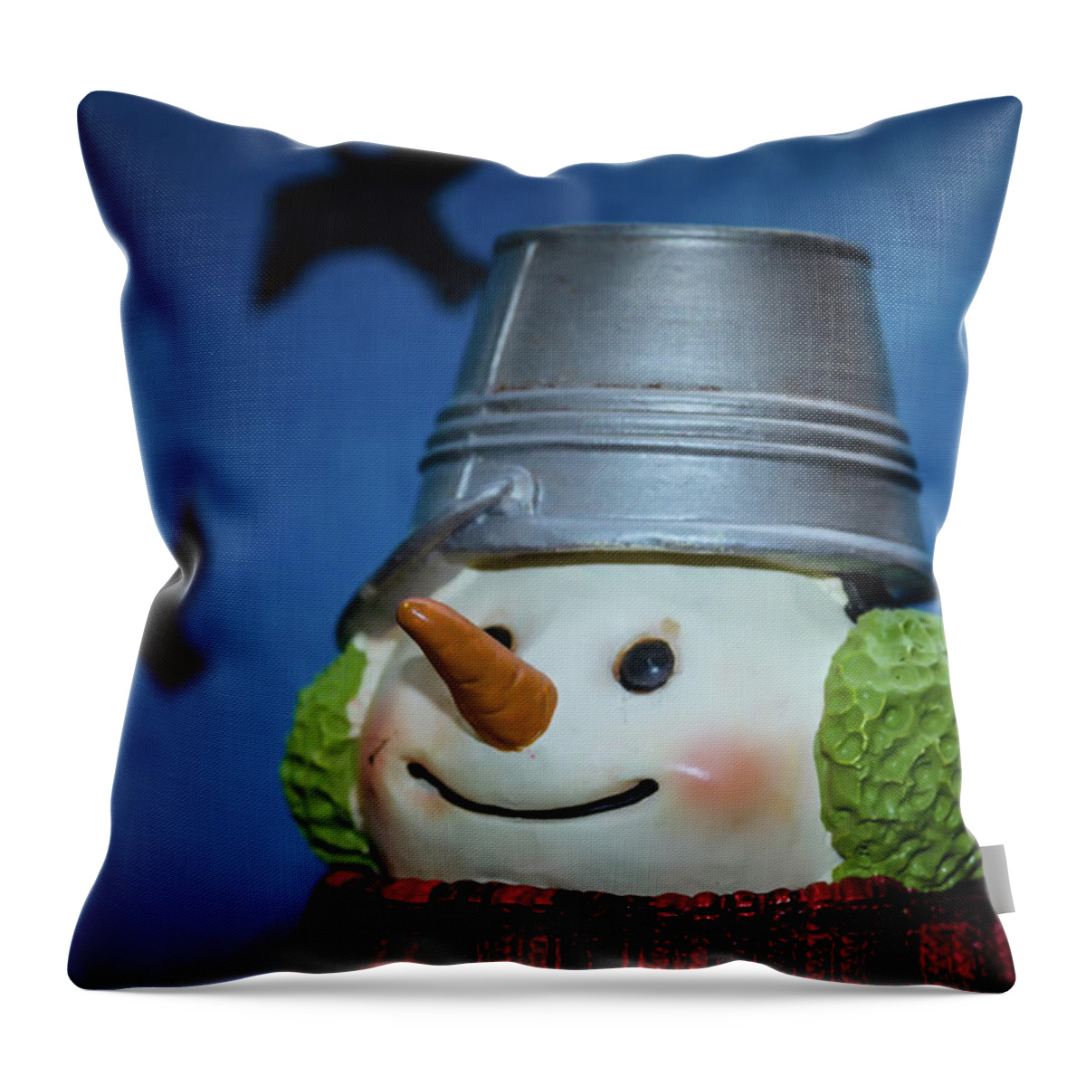 Bucket Throw Pillow featuring the photograph Smiling Snowman by Jim Shackett