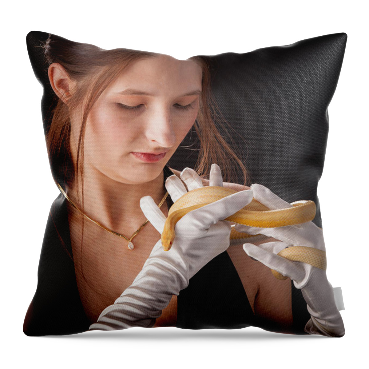 Snake Woman Throw Pillow featuring the photograph Snake Lady or Girl with Live Snake Photograph 5257.02 by M K Miller