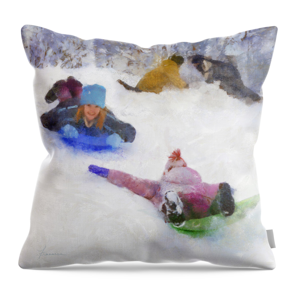 Children Child Boys Girls Winter Snow Hill Sled Sledding Build Building Fort Snowballs Cold Sport Activity Play Fun Throw Pillow featuring the digital art Snow Fun by Frances Miller