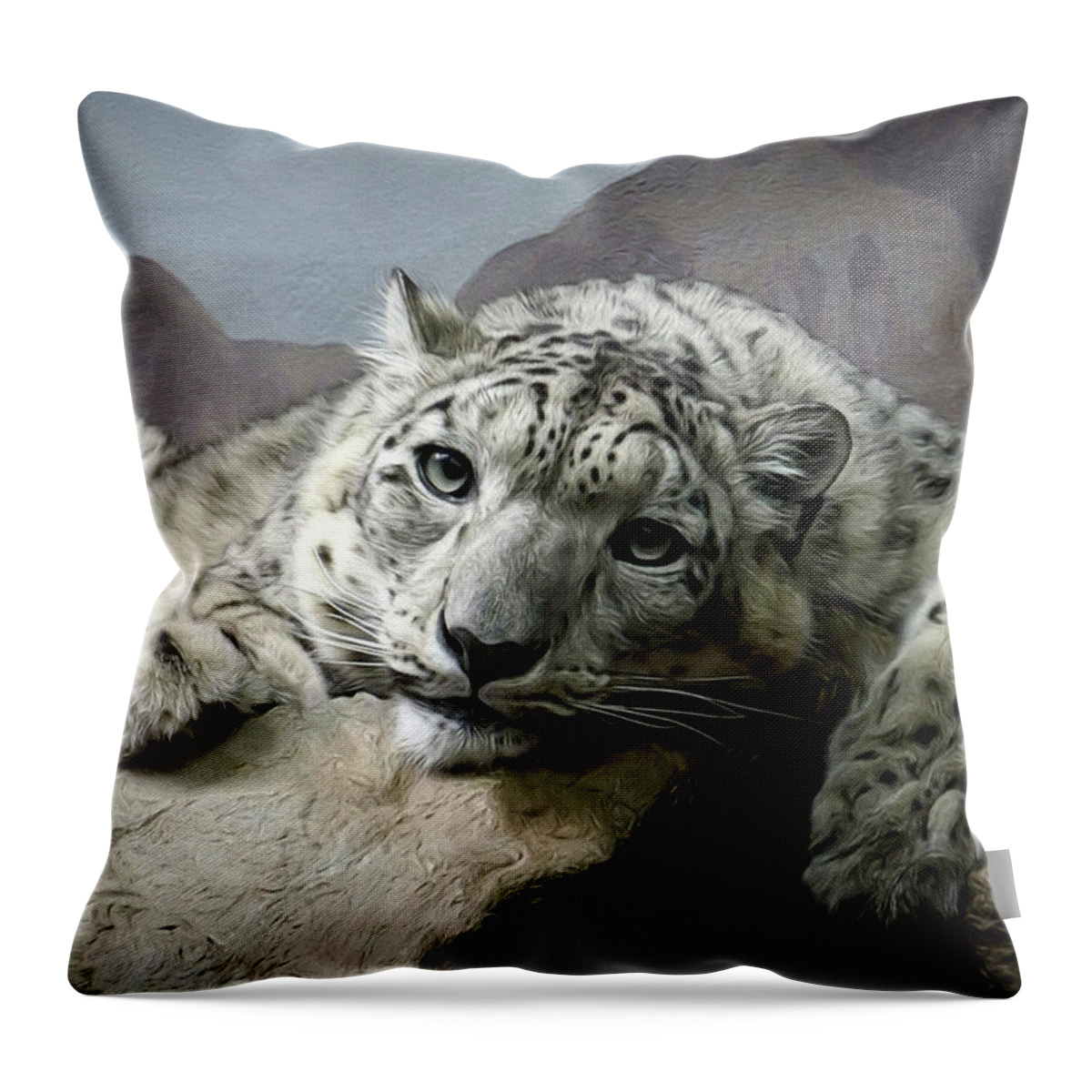 Snow Leopards Throw Pillow featuring the digital art Snow Leopard Relaxing Digital Art by Ernest Echols